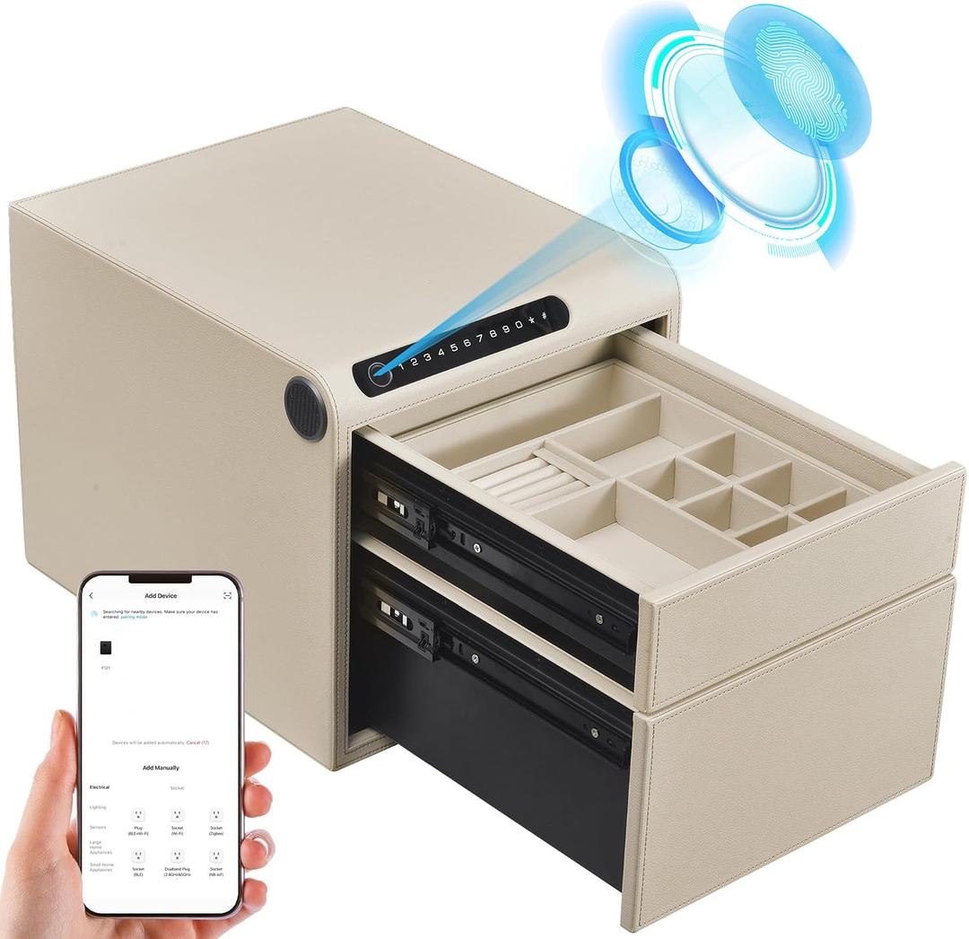 Jewelry Safe with DrawersBiometric Fingerprint safe, Slide-Away Handgun Safe for Pistols, Leather Wrapped Jewelry Storage Safe, Digital Keypad & Quick-Access Drawer(White- 2 Drawer)