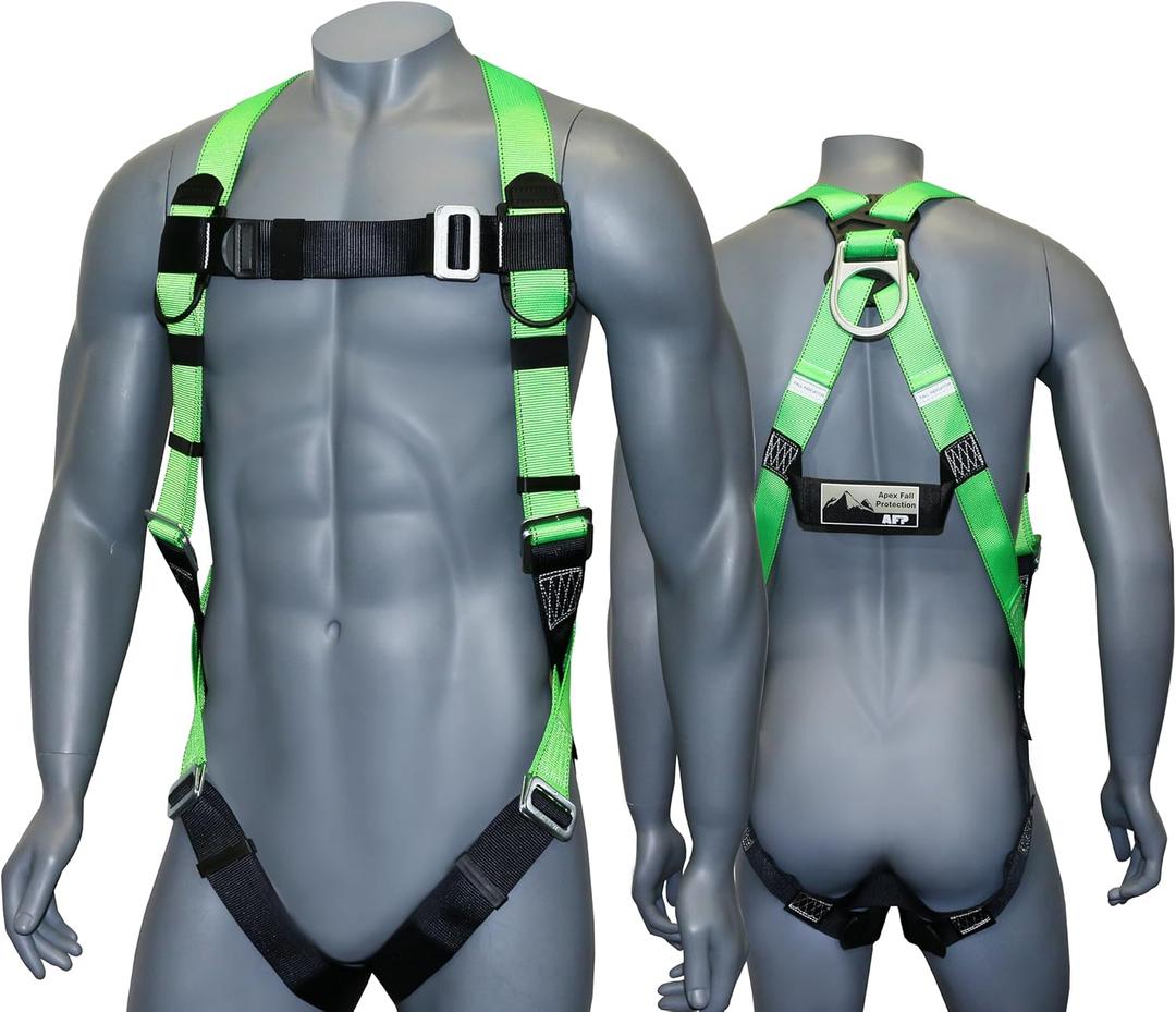 AFP Universal Full-Body Fall Protection Safety Harness with Dorsal D-Ring and Mating Buckle Legs | Roofer, Construction, Scaffolding PPE | High-Visibility Green [OSHA/ANSI Compliant] (1 Pack)