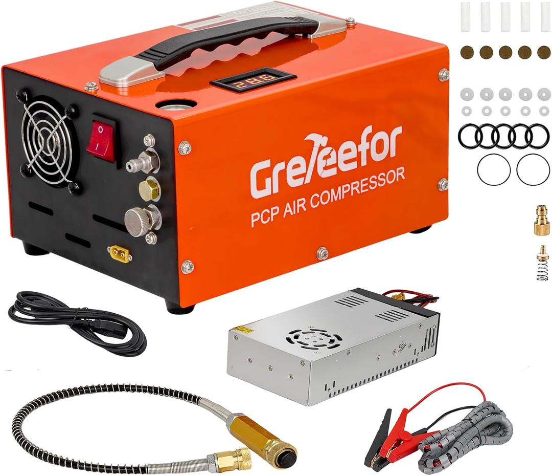 PCP Air Compressor, 4500PSI / 30MPa, Dual Power Car 12V DC or Home 110V/220V AC, Retractable Handle, Water/Oil-Free for Paintball/PCP Rifle/HPA Tank, Manual Stop, 250W, Orange