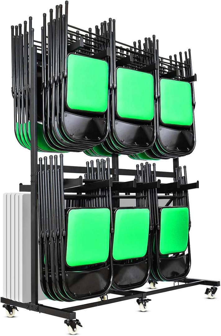 Folding Chair Cart Storage Rack Thickened Two Tier Heavy Duty Folding Table Chair Racks for Storage with Locking Rubber Wheels can Withstand 800LBS Capacity