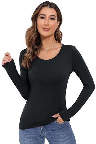 Women's Basic Long Sleeve T Shirts, Crewneck Slim Fit Tops, Plain Layer Underscrub Tees X-Large Black