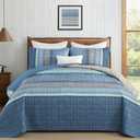 Cottolester Blue Quilt Set King Size,3 Pieces Striped Patchwork Quilted Bedding Sets,Soft Lightweight King Bedspreads Coverlets Bedding Set for All Seasons 110"x90"