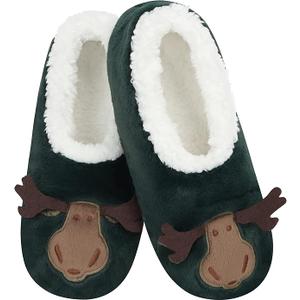 Snoozies Womens Slipper Socks - Cozy Slippers for Women - Fuzzy House Slippers for Indoor Use - Soft Sole Slippers size 9-10 Moose