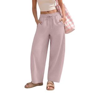 Susclude Womens Wide Leg Lounge Pants Linen Blend Barrel Baggy Comfy Elastic Waist Casual Pant Lightweight Loose Trendy Trousers Pink