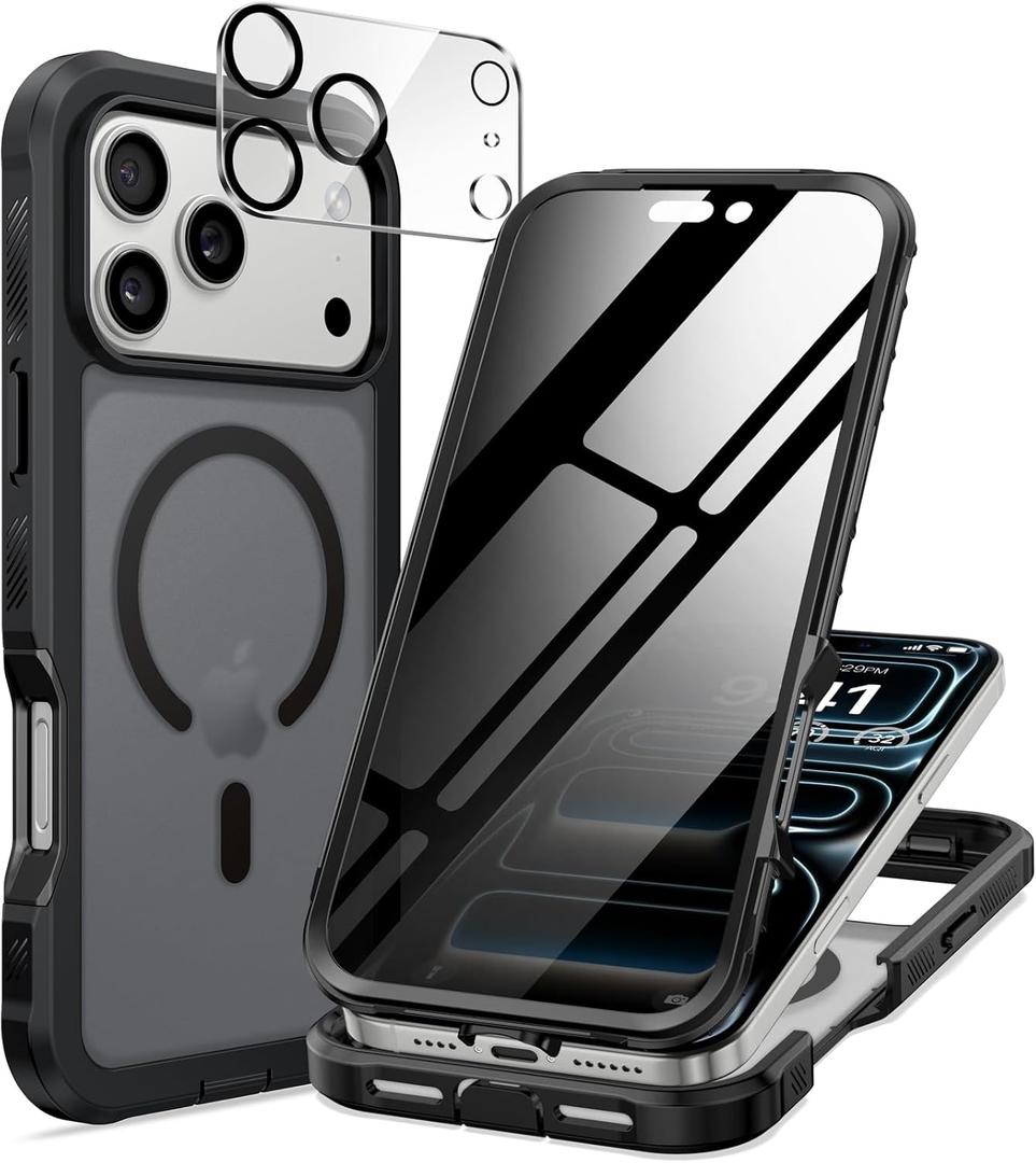 seacosmo for iPhone 17 Pro Max Case, Full Body Bumper with Built-in Tempered Glass Privacy Screen and Camera Lens Protector, Compatible with MagSafe, Shockproof 17 Pro Max Phone Case 6.9", Black Matte