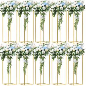 10 pcs 39.38 inch/100cm Gold Flower Stand Metal Vase Column Geometric Centerpiece Stands, Wedding Centerpieces Floor Vases Rectangular Flower Display Rack for Wedding, Party Decoration