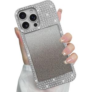 Compatible with iPhone 16 Pro Max Case, Glitter Diamond Crystal Rhinestone Cute Slim Electroplating Shiny Bling Sparkly Cover for Women Girls, Wireless Shockproof TPU Protective Phone Case, Silver