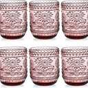 Hacaroa Set of 6 Vintage Drinking Glasses, 12 Oz Green Colored Glassware Floral Embossed Water Glasses, Decorative Beverages Tumblers for Cocktail