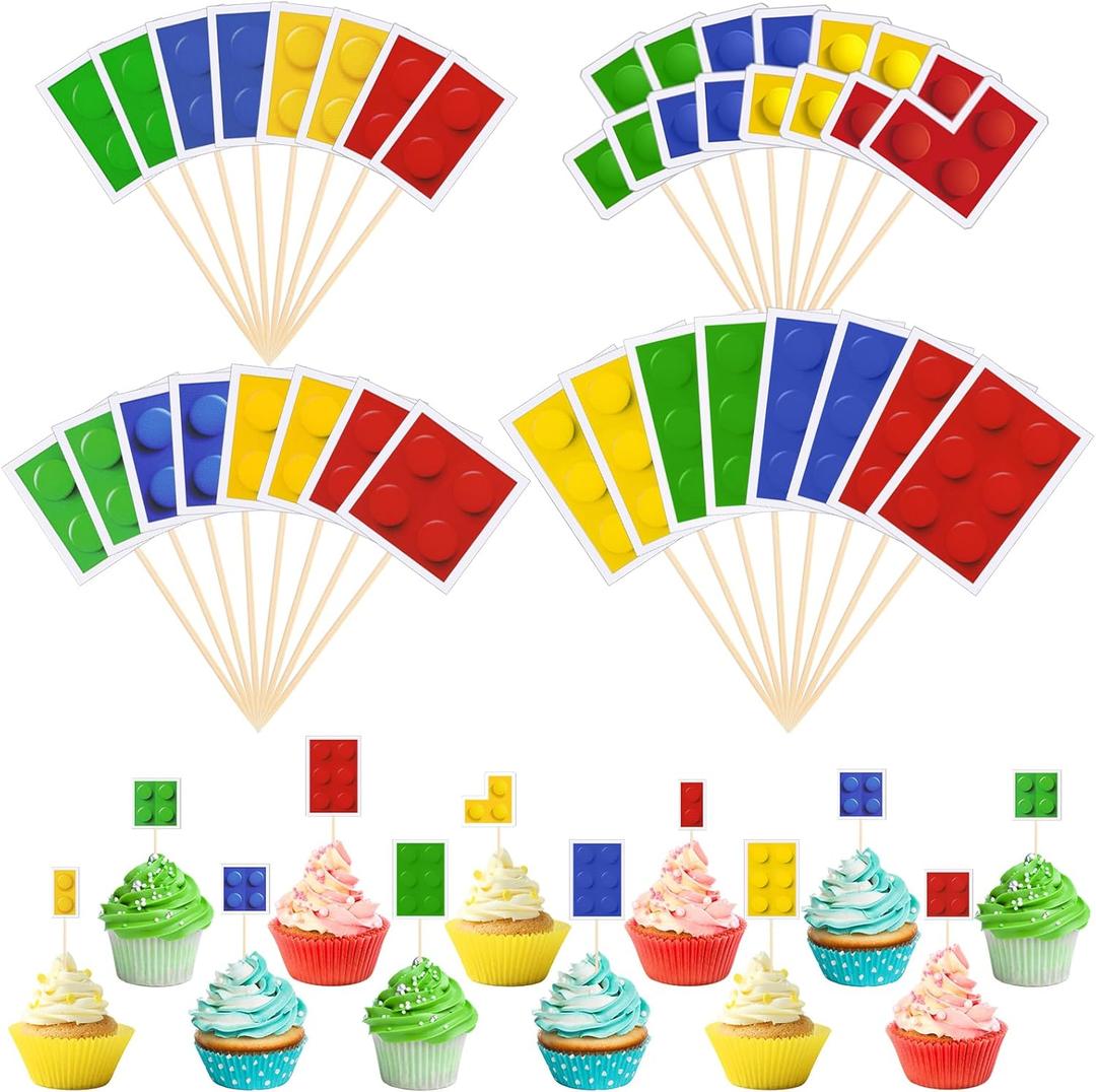 48 Pieces Color Building Block Themed Cupcake Toppers Building Block Party Favors Decorations for Adults Party Supplies