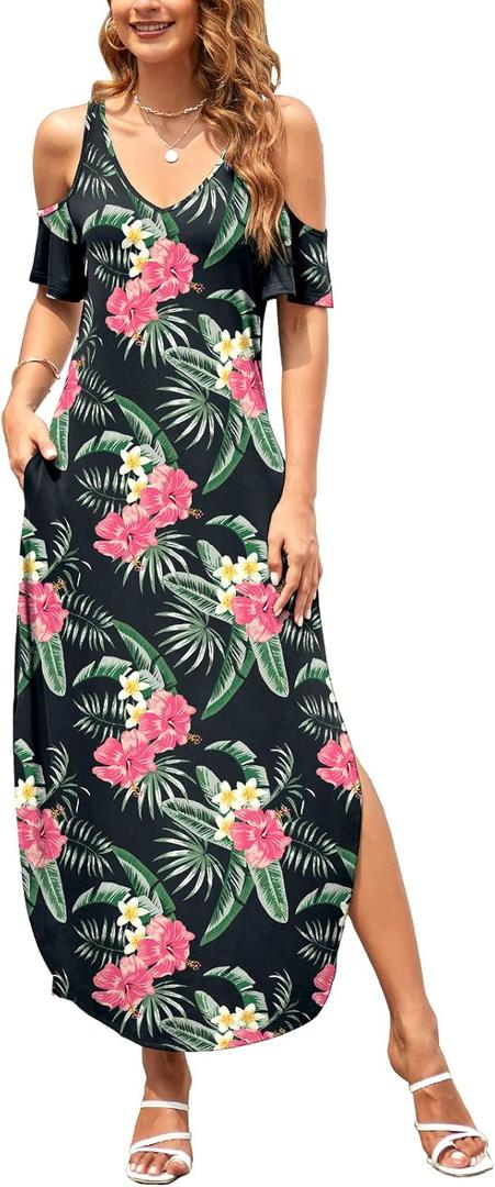 HUSKARY Women's Summer Maxi Dresses V Neck Cold Shoulder Short Sleeve Casual Loose Long Split Dress with Pocket (Medium, Pink Flower)