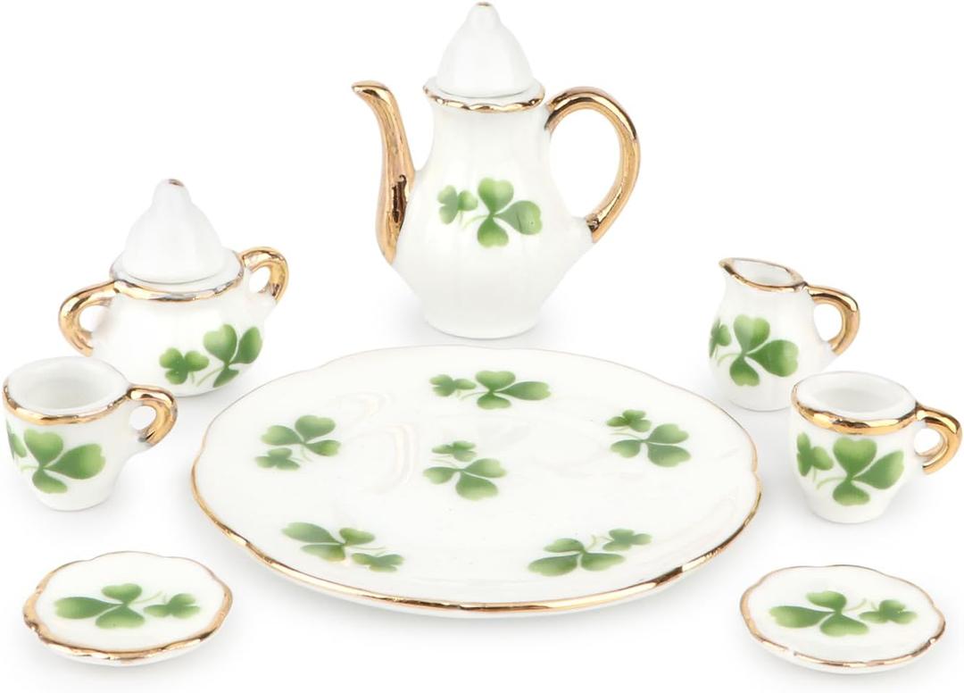 Dollhouse 1:6 Porcelain Tea Cup Sets 8 Pcs Set Miniature Ceramics Dollhouse Accessories Flower Pattern Teapot Platter Dish Sets Dollhouse Kitchen Supplies Decoration (Lucky Clover)