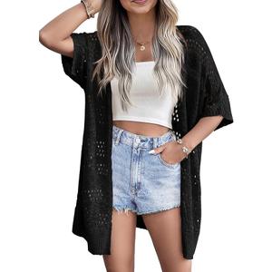 Zeagoo Lightweight Crochet Cardigan for Women 2024 Summer Boho Short Sleeve Open Front Knit Oversized Cardigans Black L