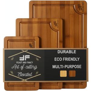 Bamboo Cutting Board for Kitchen, set of 3, Wooden Chopping Board Set with Deep Juice Grooves & Built-In Handles, Knife-Safe Wooden Chopping Boards for Meats, Veggies & Fruits