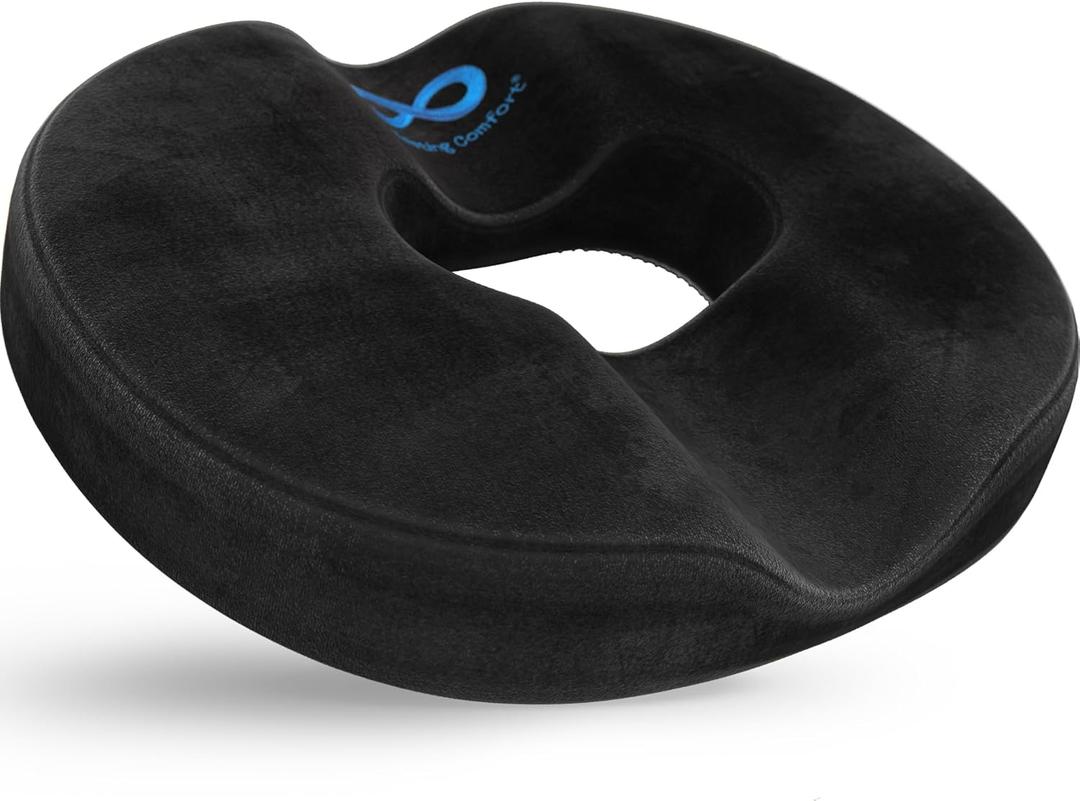 Everlasting Comfort Donut Pillow for Tailbone Pain Relief Ergonomic Seat Cushion - Hemorrhoid Pillow for Sitting- Ideal Memory Foam Coccyx Chair Cushion for Postpartum Pregnancy, Anti-Slip, Washable (Black)