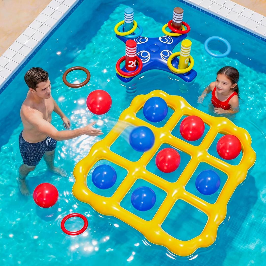 MGparty 2-in-1 Pool Games Set, Inflatable Tic-Tac-Toe Game and Cross Ring Toss Game, Summer Outdoor Pool Party Water Floating Toys for Kids Teens Adults
