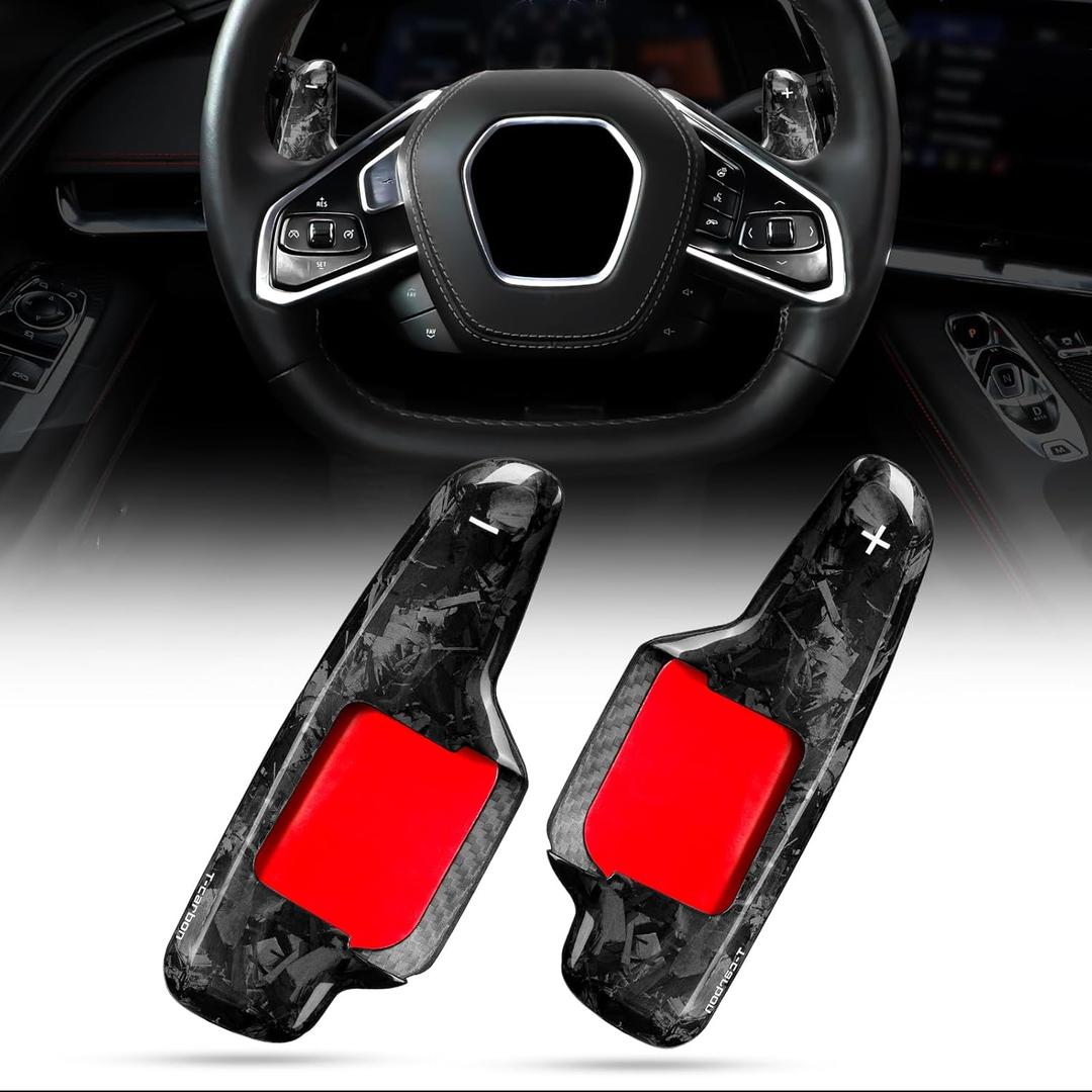 T-carbon Paddle Shifter Extension Cover Compatible with Corvette C8, Forged Carbon Fiber Steering Wheel Cover Compatible with C8 Corvette Z51 Z06 Interior Accessories 2020-2025(Forged Black)