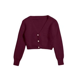GORGLITTER Women's Cropped Cardigan Sweater Light Weight Fuzzy Old Money Button Up Chunky Long Sleeve Crop Cardigan Burgundy Large