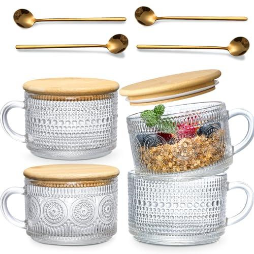 4pcs Set Vintage Coffee Mugs gifts for women, Overnight Oats Containers with Bamboo Lids and Spoons - 14oz Clear Embossed Glass Cups, Cute Coffee Bar Accessories, Iced Coffee Glasses