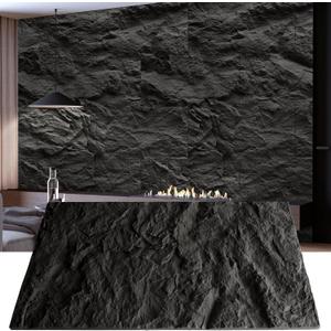 KASARO 3D Faux Stone Wall Panels, 4 PCS PU Wainscoting Panel for Interior Wall Decor, Cement Texture Thicker Accent for Home, Office, 43.3 23.6 inch, Black