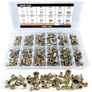 Trivd Frol Rivet Nut Tool Kit, 520pcs SAE & Metric Rivet Nut Assortment Kit w Galvanized Carbon Steel Flat Head Threaded Insert Nuts, Sizes 6-32 8-32 10-24 1/4"-20 5/16"-18 3/8"-16 M3 M4 M5 M6 M8 M10