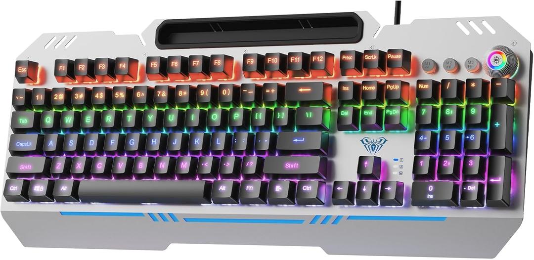 AULA Keyboard, T102M 104 Keys Hot Swappable Mechanical Gaming Keyboard with Rainbow Backlit, Red Switches, All-Metal Panel, Media Control Knob, Programmable USB Wired Keyboards for MAC Xbox PC Gamers