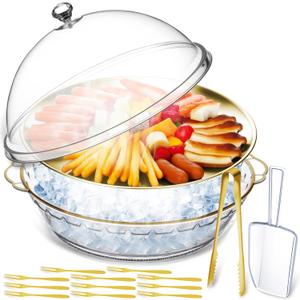 Baderke 11.8" Chilled Serving Tray for Parties with Compartments and lid Ice Chilled Party Platter Charcuterie Serving Board Cold Dish Dip for Fruit Seafood Vegetable Shrimp Cocktail(Gold,1 Pcs)