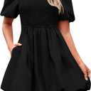 KIRUNDO Womens Summer Smocked Mini Dress 2025 Spring Puff Short Sleeve Boho Ruffle Crewneck Bubble A Line Short Dresses(Black, X-Large)