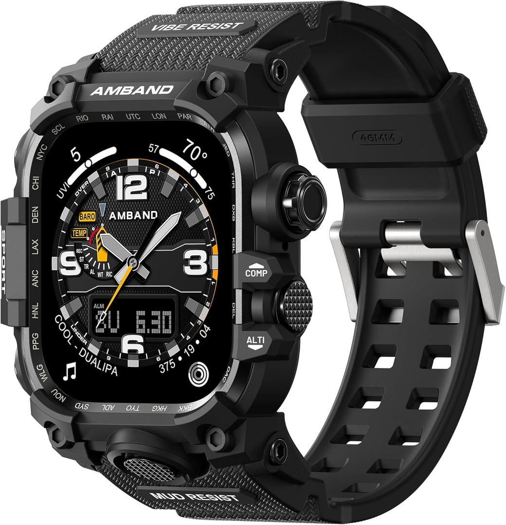 amBand Rugged Case with Band for Apple Watch 46mm, Compatible with Apple Watch (iWatch) Series 10 11, Military Grade Shockproof Bumper Cover, Tactical Band for Men, Matte Black
