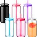 Blushtier 6 Acrylic Mason Jars with Lids and Straws 16 oz Drinking Plastic Tumbler with Straw Iced Coffee Cups Water Bottles Mugs for Wedding Party Favor Water Milk Beer Juice Beverage (Colorful)
