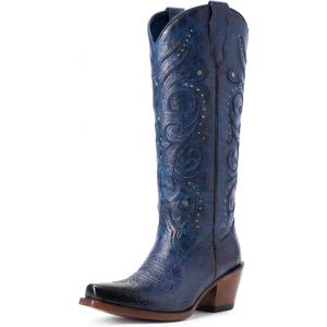 Knee High Womens Cowboy Boots Embroidered Pointed Toe Cowgirl Boots with Side Zipper Retro Western Chunky Heel Tall Boots, Size 7