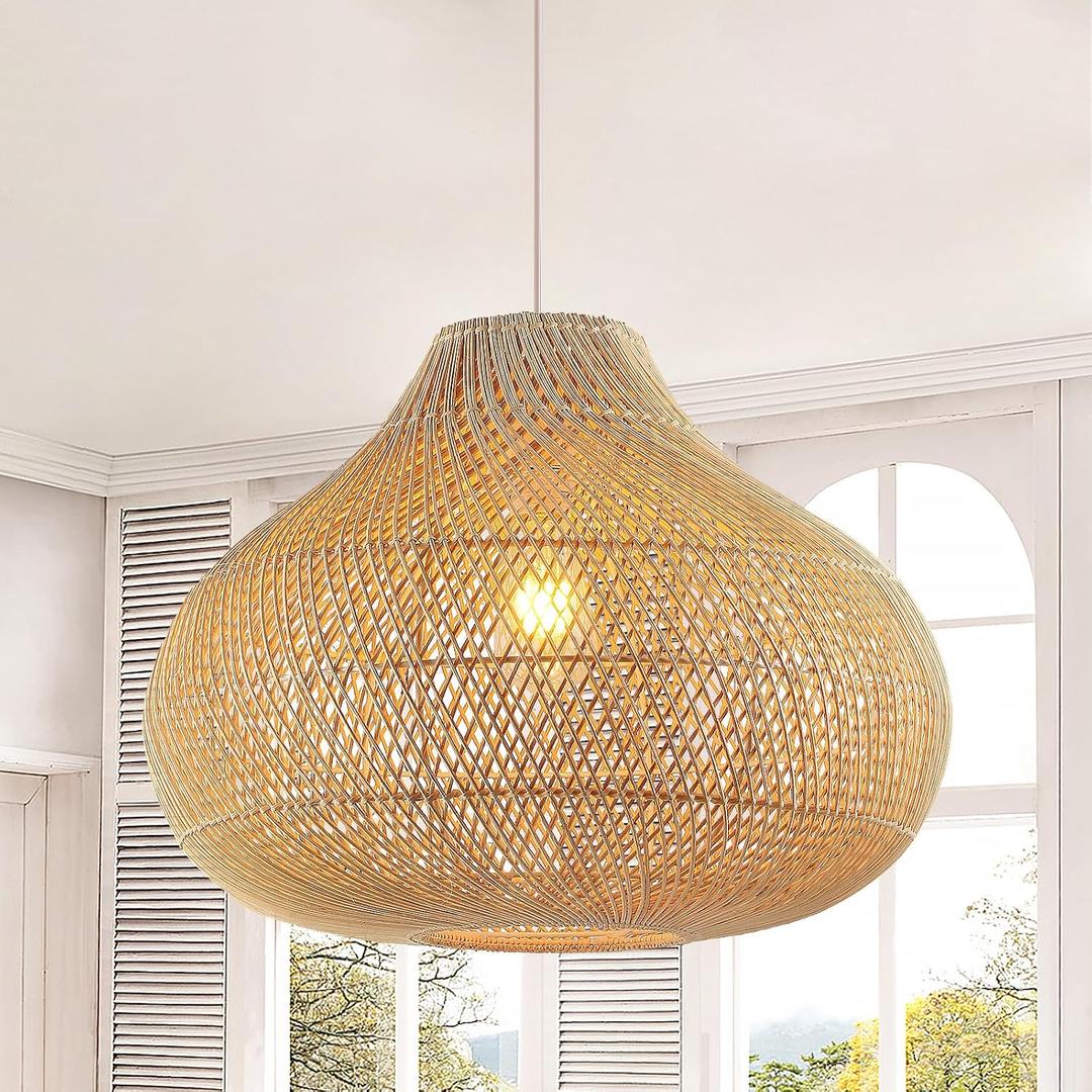 Large Rattan Pendant Light, 19.7" Rattan Boho Wicker Chandelier Hand-Woven Basket Pendant Light Fixtures for Dining Room Kitchen Island Living Room, D 20", Extra Large