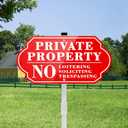 2 x Private Property No Soliciting No Trespassing No Loitering Sign for House and Yard 14 x 7 Inches Signs with 28 Inches Long Stake Rust Free Aluminum Metal (Red/White, 14" x 7")