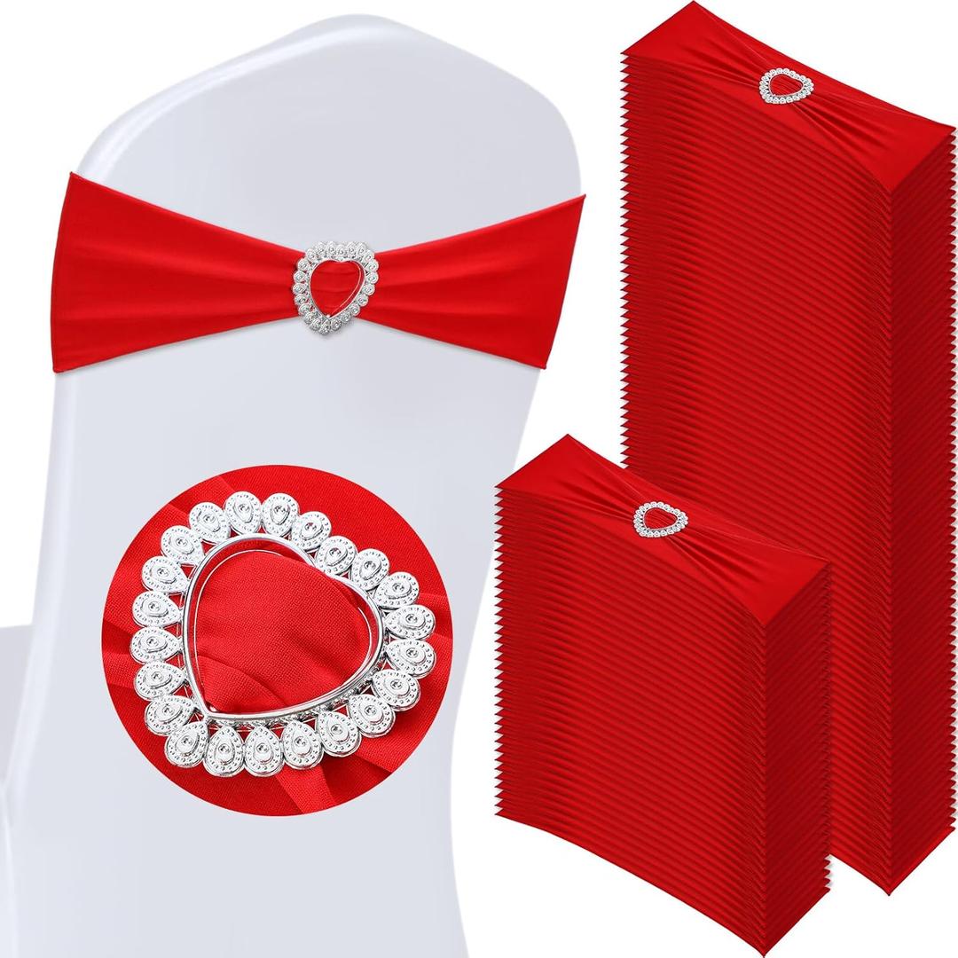 VitalCozy 100 Pcs Spandex Chair Sashes with Heart Shaped Buckle Slider Stretch Chair Cover Band Universal Elastic Ties for Wedding Banquet Event Party Decoration(Red)