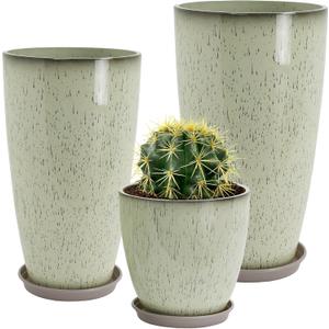 Neoaider 24/21/12 Inch Large Plastic Planter, Lightweight Ceramic-Look Tall Planters with Drain Hole & Saucers, Tall Plastic Planters for Porch, Garden, Patio, Balcony(Drip Glaze)