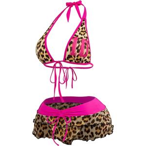 Floerns Women's 3 Piece Bikini Sets Y2k Number Jersey Leopard Halter Swimsuit with Beach Mesh Skirt (Small, Brown Multi)