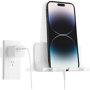 D2 Wall Mount Phone Holder, Hands Free Phone Holder with Adhesive and Data Cable Receiving Hole for Shower, Charging, RV, Compatible with iPhone, Smartphone Cables, Keys and More (White)