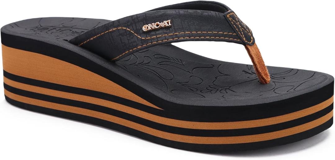 ONCAI Womens Platform Wedge Flip Flops Trendy Dressy Womans Summer Flatform Sandals with Comfortable Walking Outdoor Rubber Soles (US Size 5-11) (7, Black/Khaki(regular Size))