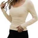 GEMBERA Womens Long Sleeve Scoop Neck Ribbed Knit Tops Casual Slim Fitted Basic Shirts (Beige, S)