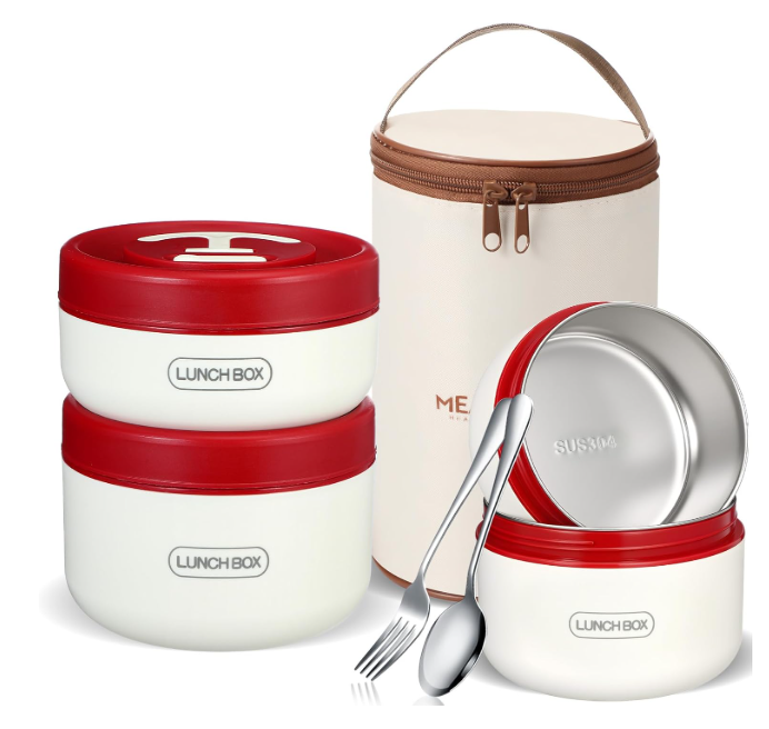 Dandat 3 Pcs Portable Insulated Lunch Container Set for Adult, Stackable Stainless Steel Bento Box for Hot Food with Insulated Lunch Bag Unisex 3 Separate Thermal Food Container(Red)