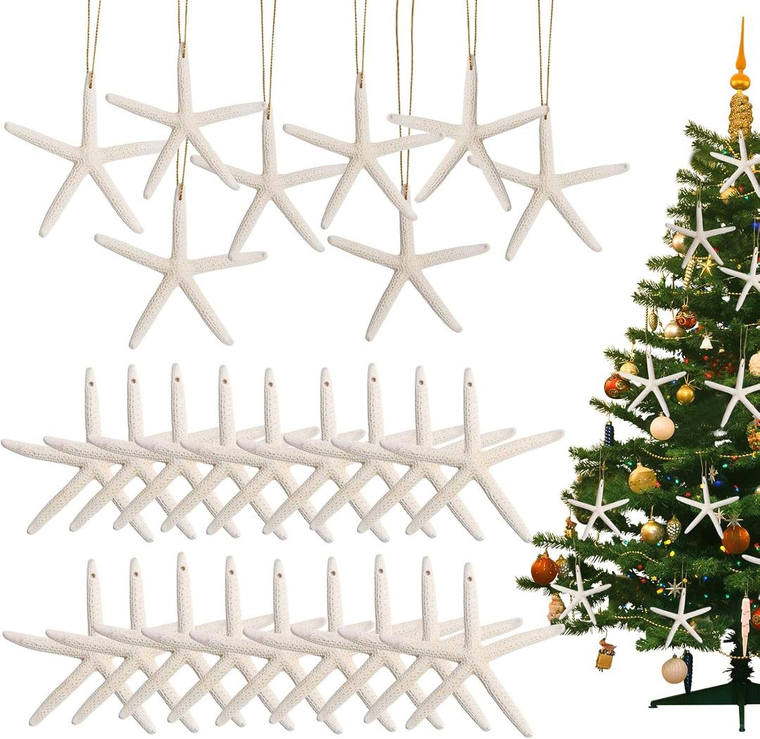 20PCS Christmas Starfish Ornaments Ready to Hang 3"-4'' Natural Starfish Decor with Drilled Holes & Hanging Rope for Christmas Tree Hanging Ornaments, Beach Theme Wedding Home DIY Crafts