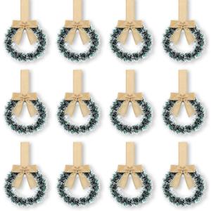 Retrowavy 12 Pcs Christmas Kitchen Cabinet Wreaths with Ribbon 3.94 Inch Mini Christmas Wreath Small Kitchen Xmas Decor for Window Door (Linen Color,Snowy Style)