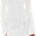 HOCILLE Women's Sexy Off The Shoulder A Line Midi Dresses Long Sleeve Elegant Formal Wedding Guest Party Cocktail Dress, Medium, White