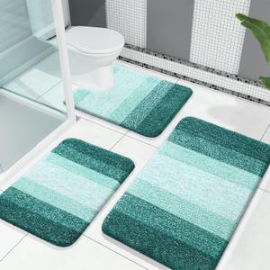 OLANLY Bathroom Rugs Sets 3 Piece, Soft Absorbent Microfiber Bath Mats and U-Shaped Contour Toilet Rug, Plush Shaggy Bath Mat Set for Bathroom (30"x20"+24"x16"+24"x20", Blackish Green)