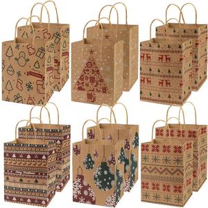 12PCS Christmas Kraft Gift Bags - Assorted Styles With Handles and Prints for Xmas Gift Wrapping and Party Supplies