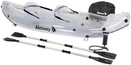 Aktivety – Inflatable Clear Kayak 2 Person Adult – Transparent Tandem Crystal Kayaks with See Through Bottom – Blow Up Heavy Duty Fishing Canoe Boat for River, Pool – 2 Paddlers Set Included