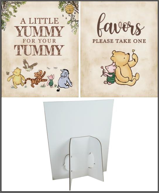 2 x 6PCS Winnie Table Sign with Stand, A Little YUMMY FOR YOUR TUMMY, Winnie Baby Shower Decorations, Classic Pooh Party Supplies, Vintage Winnie 8x10INCH