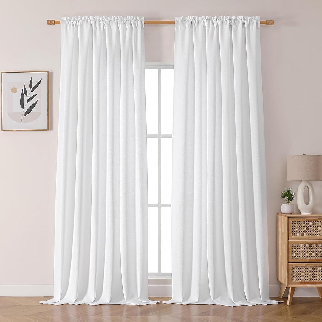 Chyhomenyc White Curtains 96 inch Length 2 Panels, Light Filtering Faux Linen Extra Wide Room Divider Patio Sliding Door Drapes, 8 FT, 60Wx96L, 2PCS