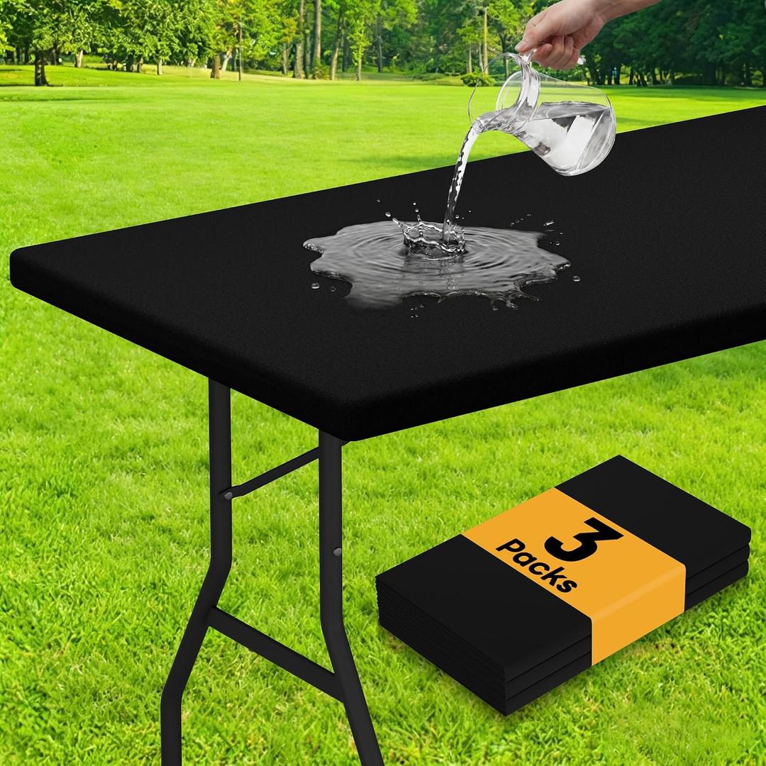 Smiry 3 Pack Rectangle Table Cloth, Elastic Fitted Flannel Backed Vinyl Tablecloths for 6ft Folding Tables, Waterproof Wipeable Table Covers for Indoor, Outdoor, Camping and Picnic (Black, 30"x72")