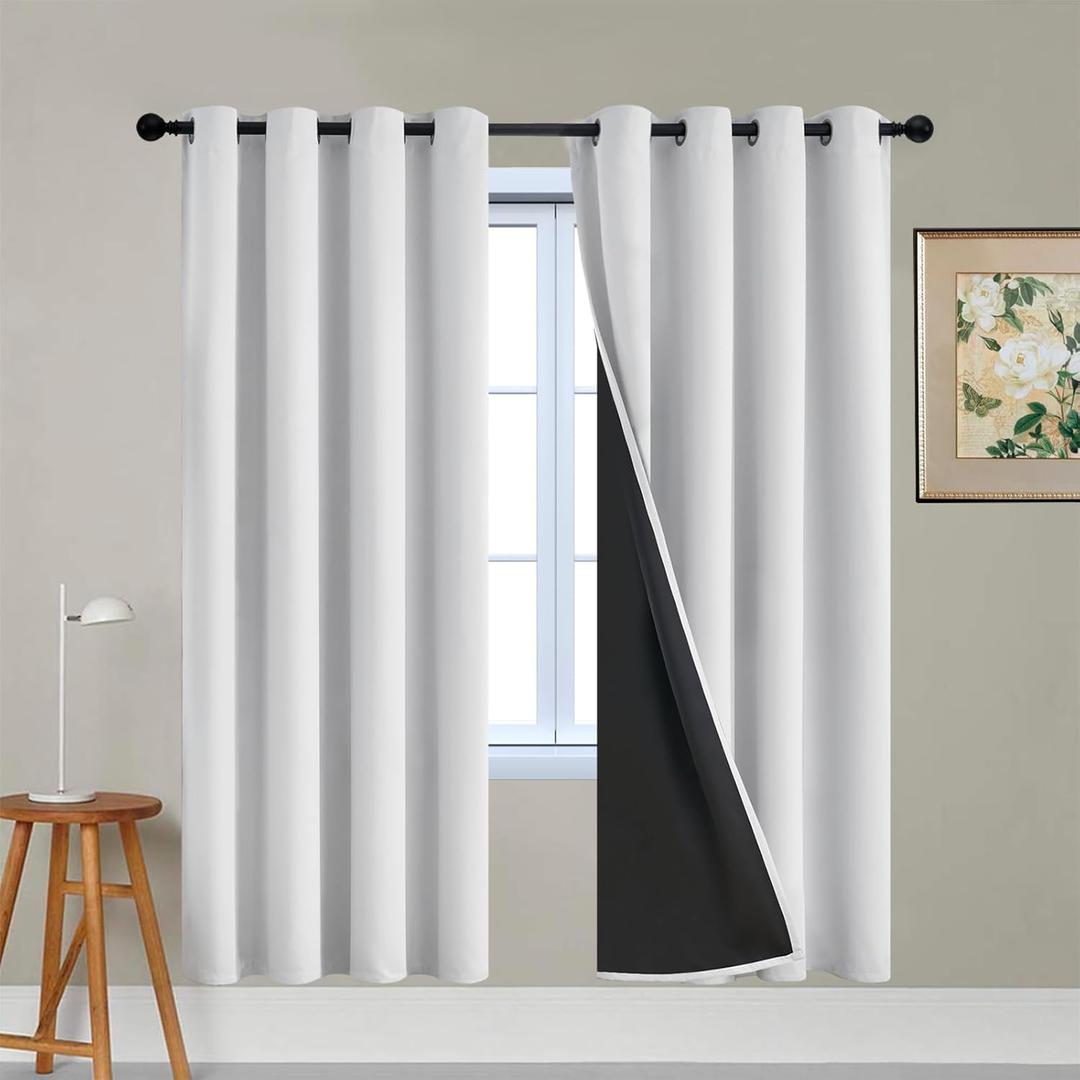 Yakamok 100% Blackout Curtains 72 Inches Long, 2 Thick Layers Heat and Full Light Blocking Soft Thermal Insulated Drapes for Bedroom(52" Wide Each Panel, Greyish White, 2 Panels)