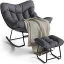 GarveeLife Outdoor Papasan Rocking Chair with Footrest, Oversized Lounge Chair with Ottoman and Sturdy Metal Frame, Patio Rattan Egg Rocker for Balcony Backyard Porch Bedroom, Grey